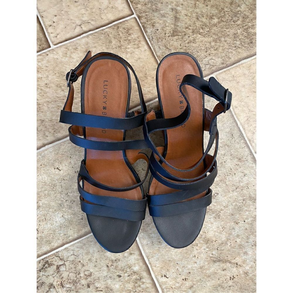 Lucky Brand Womens Larinaa Platform Wedge Sandals Black Ankle Strap Buckle 9.5